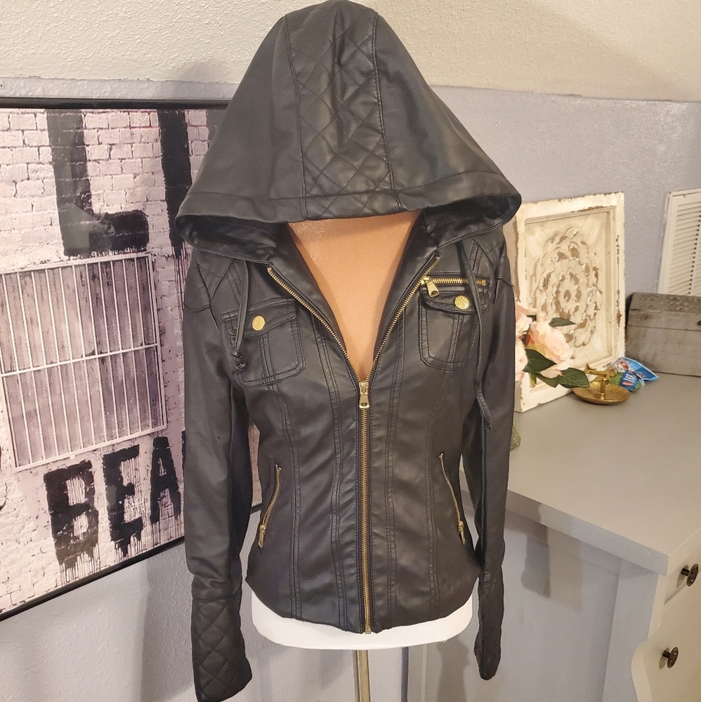 Hooded Faux Leather Jacket Sz Sm - Picture 3 of 8